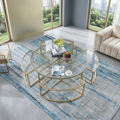 Rond designer-glazen bankstel, roestvrijstalen banktafel, rond ontwerp voor thuis.