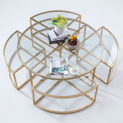 Rond designer-glazen bankstel, roestvrijstalen banktafel, rond ontwerp voor thuis.