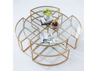 Rond designer-glazen bankstel, roestvrijstalen banktafel, rond ontwerp voor thuis.