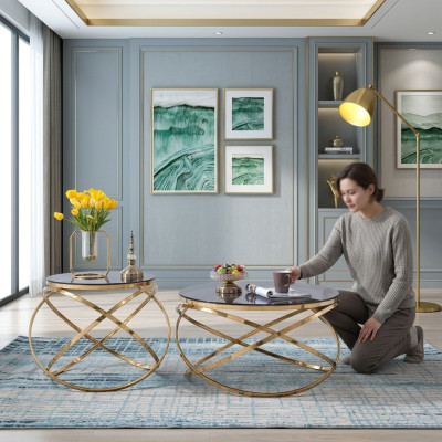 Designer Metalen Roestvrijstalen Bank Kunstmarmer Tafel + Bijzettafels Bank 2-delig.