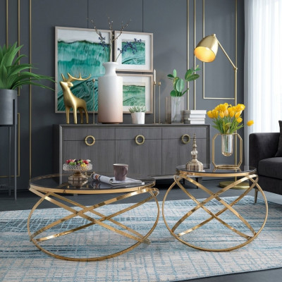 Designer Metalen Roestvrijstalen Bank Kunstmarmer Tafel + Bijzettafels Bank 2-delig.