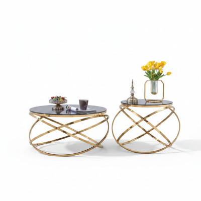 Designer Metalen Roestvrijstalen Bank Kunstmarmer Tafel + Bijzettafels Bank 2-delig.