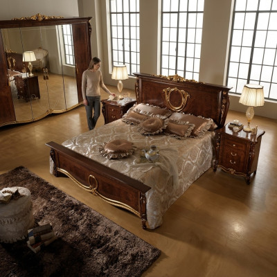 Tweepersoonsbed Bed Houten Ontwerp Bedden Antieke Stijl Barok Rococo 2x Nachtkastjes Nieuw