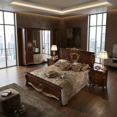 Tweepersoonsbed Bed Houten Ontwerp Bedden Antieke Stijl Barok Rococo 2x Nachtkastjes Nieuw