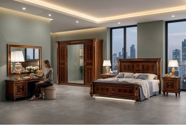 Slaapkamer set Bed Nachtkastje Commode Spiegel Kruk Nieuw 7-delig Barok