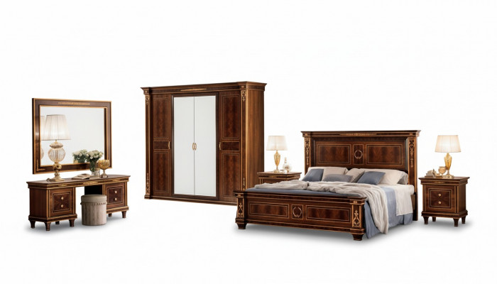 Slaapkamer set Bed Nachtkastje Commode Spiegel Kruk Nieuw 7-delig Barok