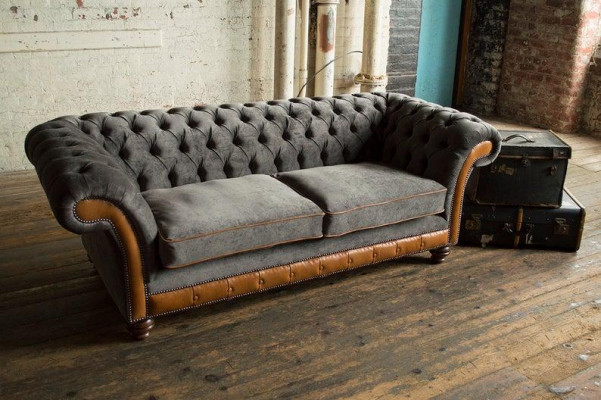 XXL bank 3-zitsbank Chesterfield gestoffeerde zitgroep leder textiel Nieuw Grijs  XXL bank 3-zits Chesterfield gestoffeerde zitgroep leer textiel Nieuw Grijs
