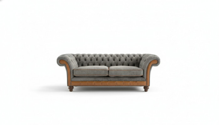 XXL bank 3-zitsbank Chesterfield gestoffeerde zitgroep leder textiel Nieuw Grijs  XXL bank 3-zits Chesterfield gestoffeerde zitgroep leer textiel Nieuw Grijs