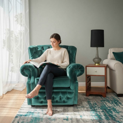 Chesterfield fluwelen groene oorfauteuil 1-zits fauteuil sofa bank televisiestoel nieuw