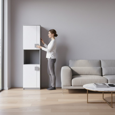 Stijlvolle woonkamer staand rek met planken, praktische opslag, meubels aan de muur.