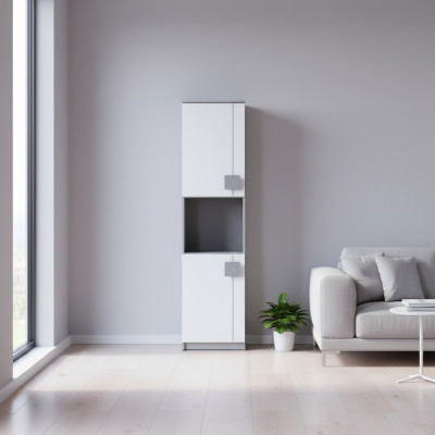 Stijlvolle woonkamer staand rek met planken, praktische opslag, meubels aan de muur.