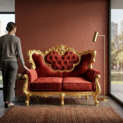 Mooie 2-zitsbank met een levendige kleurencombinatie van nobel rood en glanzend goud in barokstijl.