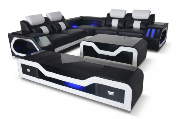 Leren bankstel woonlandschap hoekbank modern design L-vorm salontafel G8046