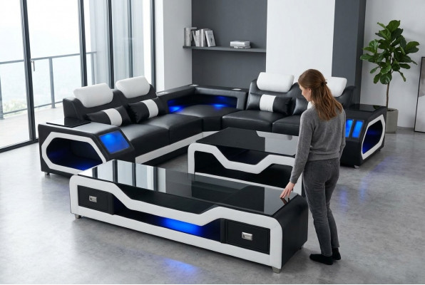 3-delig Set Leren Bankstel Hoekbank Zitkussens + Tafel + TV L Vorm Nieuw