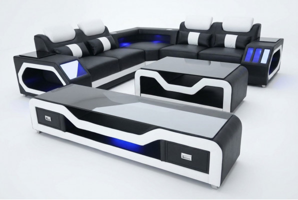 3-delig Set Leren Bankstel Hoekbank Zitkussens + Tafel + TV L Vorm Nieuw