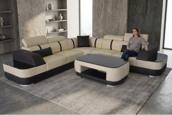 Eckbank Leder bekleding Hoekbank meubelstukken Bank L vorm + Tafel Woonlandschap.