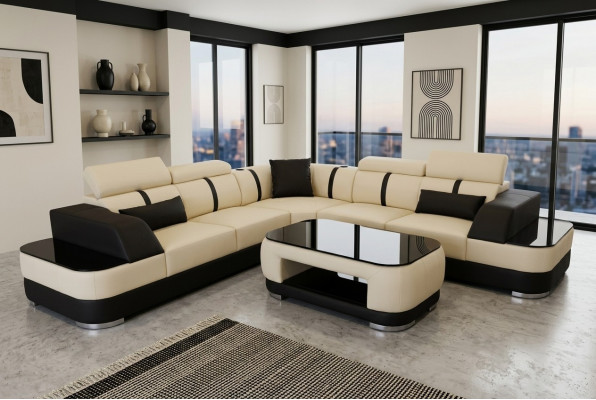 Eckbank Leder bekleding Hoekbank meubelstukken Bank L vorm + Tafel Woonlandschap.