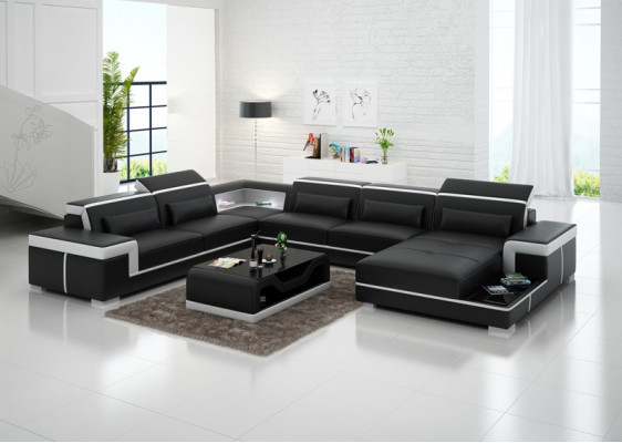 Comfortabele XXL leren bank met innovatieve ergonomie en LED-verlichting.