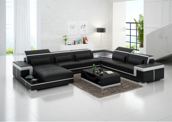 Comfortabele XXL leren bank met innovatieve ergonomie en LED-verlichting.