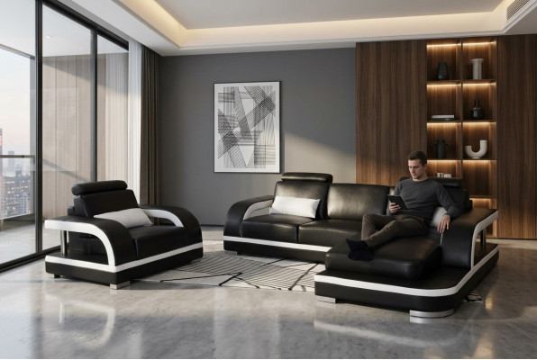 Eckbankstel, gestoffeerde bank, zithoek, leren bankstel, fauteuil, L-vormige woonlandschap, nieuw.