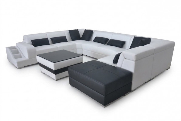 Leder woonlandschap hoekbank set Modern design bank U-vorm G8008 + poef Nieuw