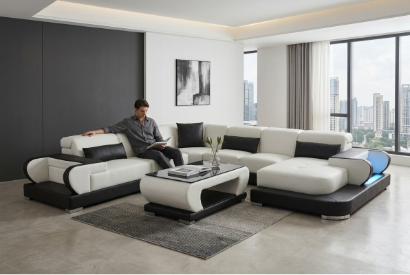 Bank Leren Hoekbank Woonlandschap Set Ontwerp Modern Sofa U-Vorm G8002 + Tafel