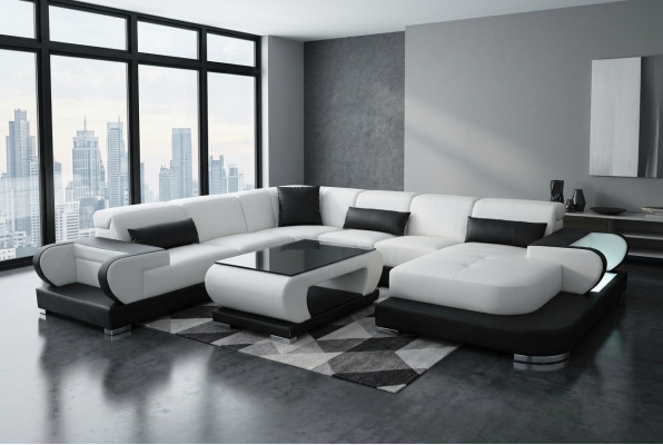 Bank Leren Hoekbank Woonlandschap Set Ontwerp Modern Sofa U-Vorm G8002 + Tafel