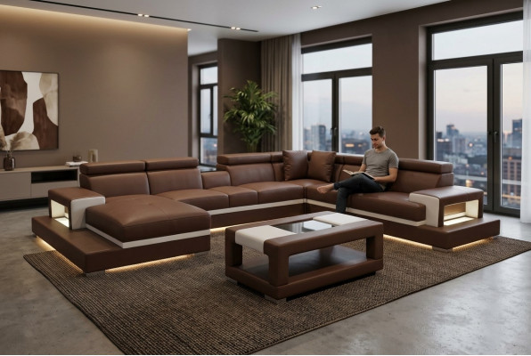 Ontwerp Lederen Bekleding Zitkamer Woonkamer Bank Hoek Bank Ontwerper Set + Tafel