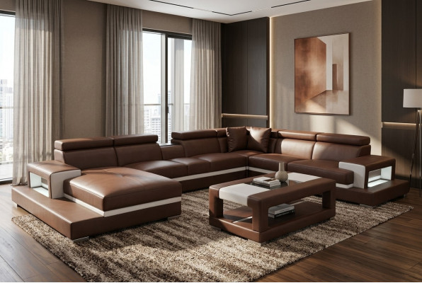 Ontwerp Lederen Bekleding Zitkamer Woonkamer Bank Hoek Bank Ontwerper Set + Tafel