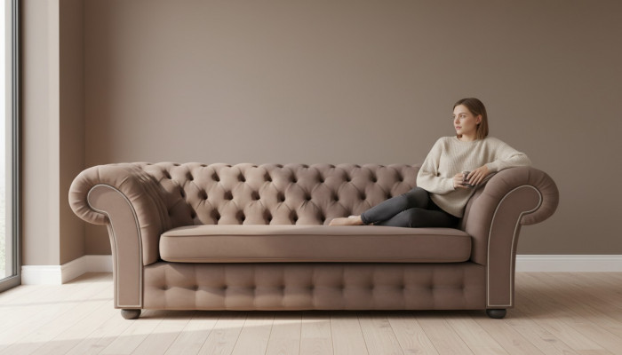 Bank 3-zits stofdesign bank gestoffeerde banken textiel modern chesterfield beige