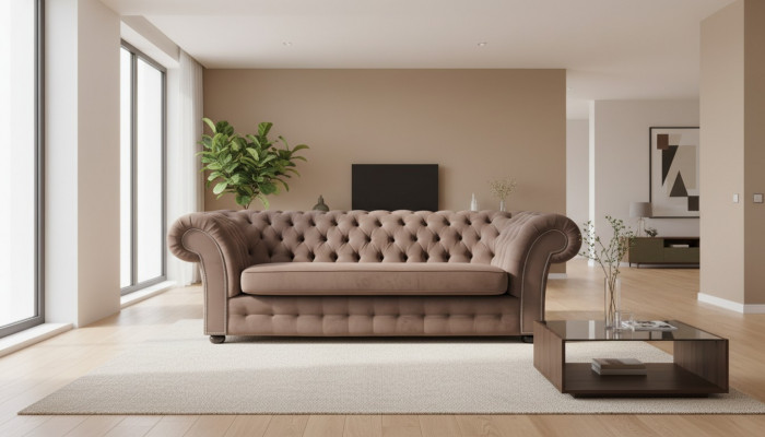 Bank 3-zits stofdesign bank gestoffeerde banken textiel modern chesterfield beige