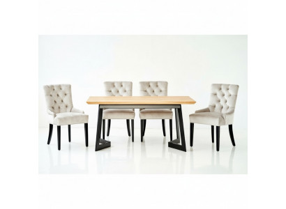 Bruine houten tafel met metalen frame, ontwerper x6 Chesterfield stoelen Luxe 7-delige set.