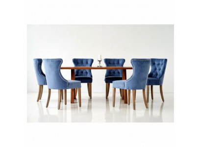 Rechthoekige houten tafel Designer x6 Chesterfield Blauwe stoelen 7-delige eetkamerset