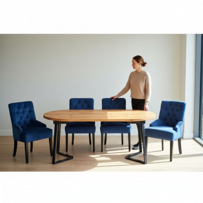 Bruin-blauwe eetkamermeubels, ontwerper houten eettafel met 6 gestoffeerde Chesterfield stoelen.