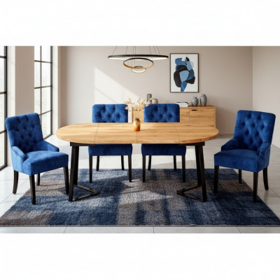 Bruin-blauwe eetkamermeubels, ontwerper houten eettafel met 6 gestoffeerde Chesterfield stoelen.