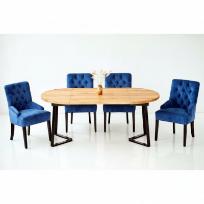 Bruin-blauwe eetkamermeubels, ontwerper houten eettafel met 6 gestoffeerde Chesterfield stoelen.