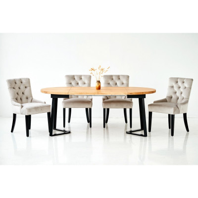 Eettafel + 4 Chesterfield stoelen houten zitting stoffering set