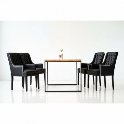 Bruin metalen eettafel met ontwerper x6 Chesterfield gestoffeerde stoelen 7-delige set.