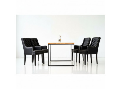 Bruin metalen eettafel met ontwerper x6 Chesterfield gestoffeerde stoelen 7-delige set.