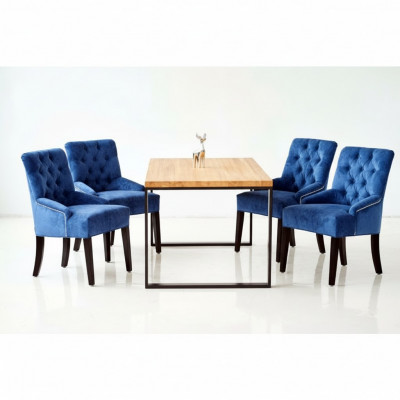 Moderne houten eettafel + x6 Chesterfield stoelen eetkamer set 7-delig.