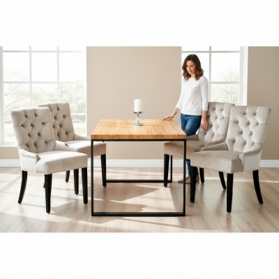 Bruine rechthoekige eettafel met moderne witte x6 Chesterfield stoelen