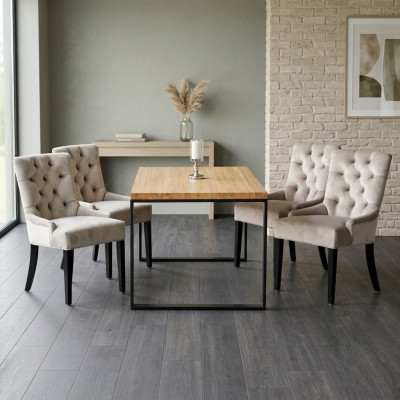 Bruine rechthoekige eettafel met moderne witte x6 Chesterfield stoelen