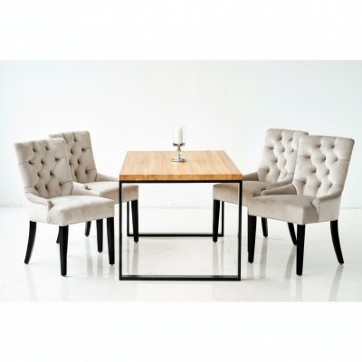 Bruine rechthoekige eettafel met moderne witte x6 Chesterfield stoelen