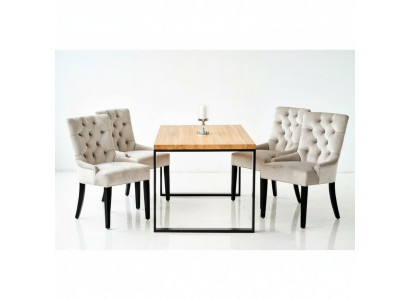 Bruine rechthoekige eettafel met moderne witte x6 Chesterfield stoelen