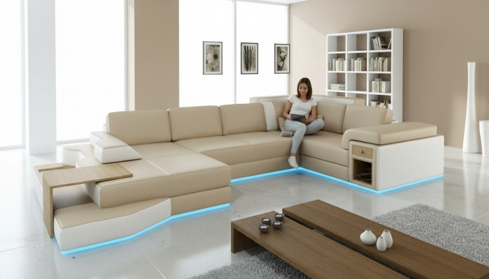 XXL Design Hoekbank Grote Bank met USB Bankstel Woonlandschap U Vorm Leder Textiel Hoek  XXL Ontwerp Hoekbank Grote Bank met USB Bankstel Woonlandschap U Vorm Leder Textiel Hoek