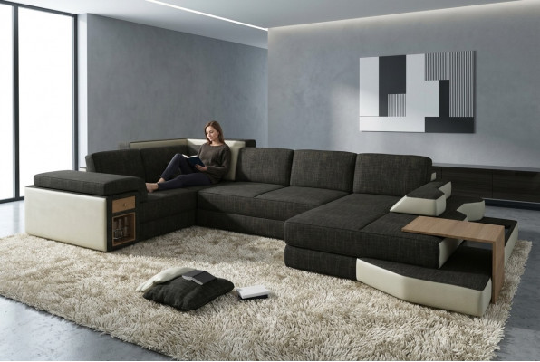 XXL Design Grote Bank met USB, Hoekbank Bankstel Woonlandschap U Vorm Leer Textiel Hoek