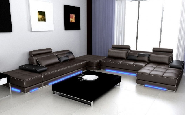 Leren bank Bank Woonlandschap Hoekbank Hoekstel Design Modern Sofa + USB Nieuw