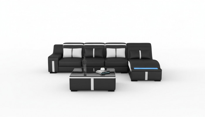 Ontwerp Hoekbank USB LED + Tafel Gevoerde Hoekbank Zit Leer Set Woonlandschap