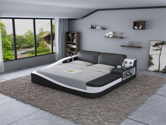 Multifunctioneel bed met Bluetooth-luidsprekers, luxe designleren bedden, hotel, nieuw tweepersoons.