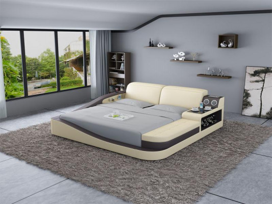 Multifunctioneel bed met Bluetooth-luidsprekers, luxe designleren bedden, hotel, nieuw tweepersoons.